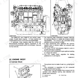 Kubota M-110, M-120 engine features, cross-section diagrams, and cylinder block exploded view with dry liners.