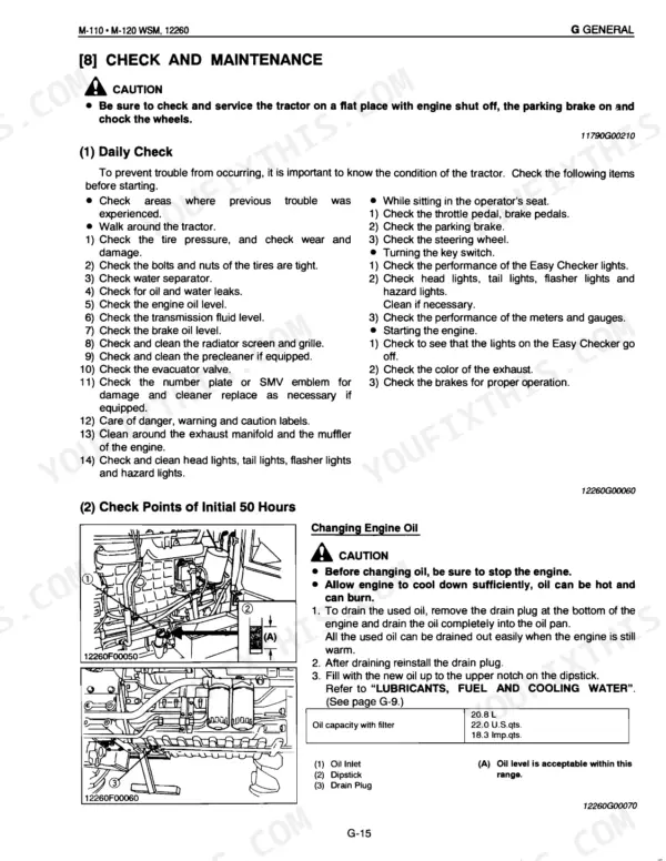 Kubota M-110, M-120 daily check procedures and 50-hour engine oil change instructions with oil capacity table.