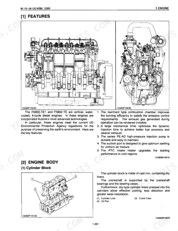 Kubota M-110, M-120 engine features, cross-section diagrams, and cylinder block exploded view with component labels.