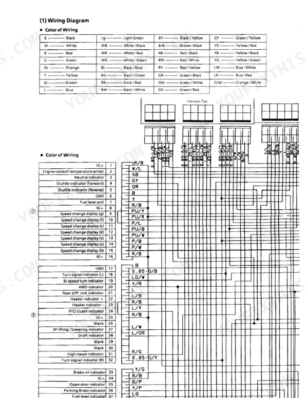 Kubota M-110, M-120 wiring diagram showing wire color codes and harness connector pinout for instrument panel sensors.