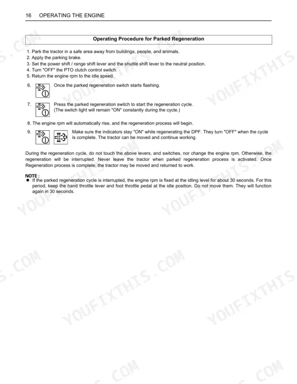Kubota M100GX, M110GX, M126GX, M135GX operating procedure for parked DPF regeneration and indicator switch icons.