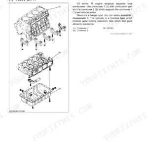 Kubota M100X, M110X, M126X, M135X exploded view of V3800-CR-TI engine cylinder block, crankcase 1, 2, and oil pan.