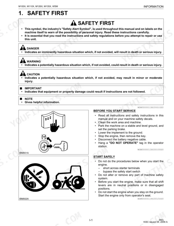 Kubota M100X, M110X, M126X, M135X safety first page with danger, warning, caution definitions and engine start procedures.