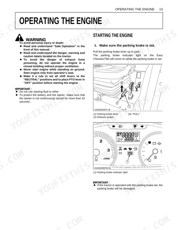 Kubota M108S operating the engine, starting procedure, parking brake lever, and indicator light dashboard diagram.