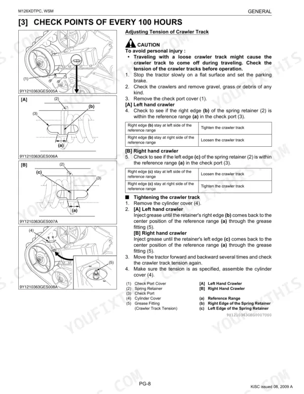 Kubota M126XDTPC maintenance procedure for adjusting crawler track tension, including diagrams and adjustment tables.