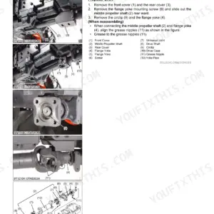 Kubota M135X-S front axle propeller shaft disassembly and assembly procedure with component diagrams and parts list.