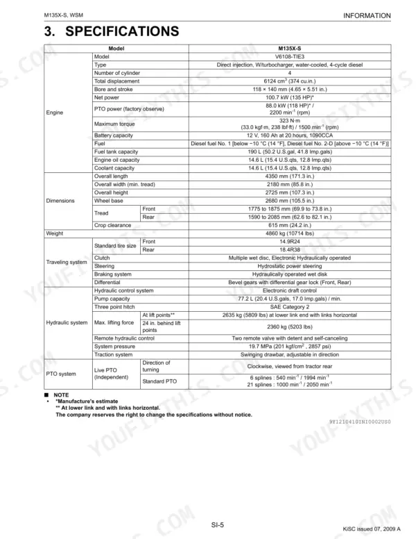 Kubota M135X-S technical specifications table covering engine, dimensions, weight, traveling, hydraulic, and PTO systems.
