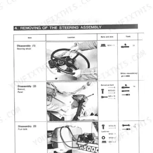 Kubota M4000, M4500, M5500, M6500, M7500 steering assembly removal procedure for steering wheel, bonnet, and fuel tank.