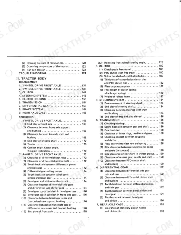 Kubota M4000, M4500, M5500, M6500, M7500 manual table of contents for tractor body, clutch, steering, and transmission.