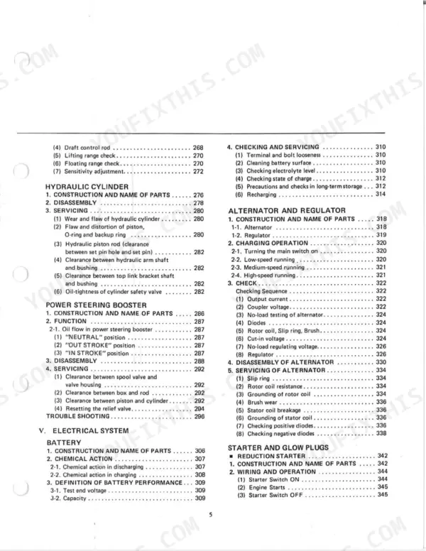 Kubota M4000, M4500, M5500, M6500, M7500 manual table of contents for hydraulic, steering, and electrical systems.