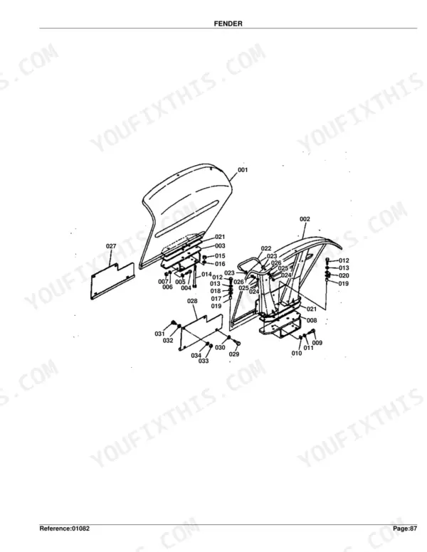 Kubota M4050 exploded view diagram of tractor fender assembly, including mounting brackets, bolts, and side panels.