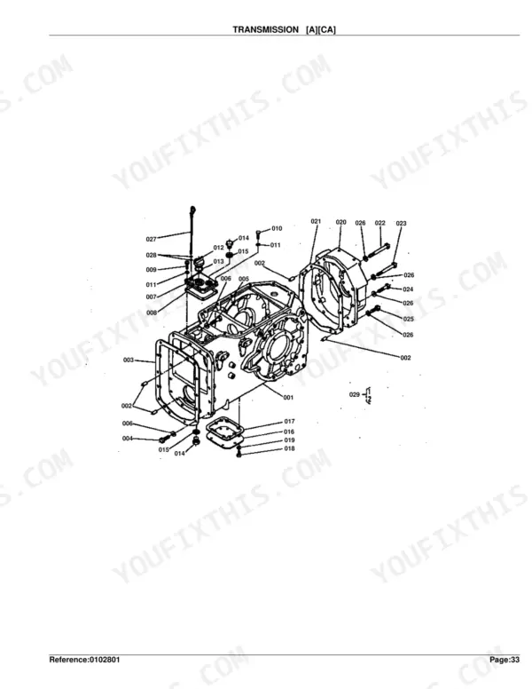 Kubota M4050 transmission case exploded view diagram showing housing, covers, and hardware components.