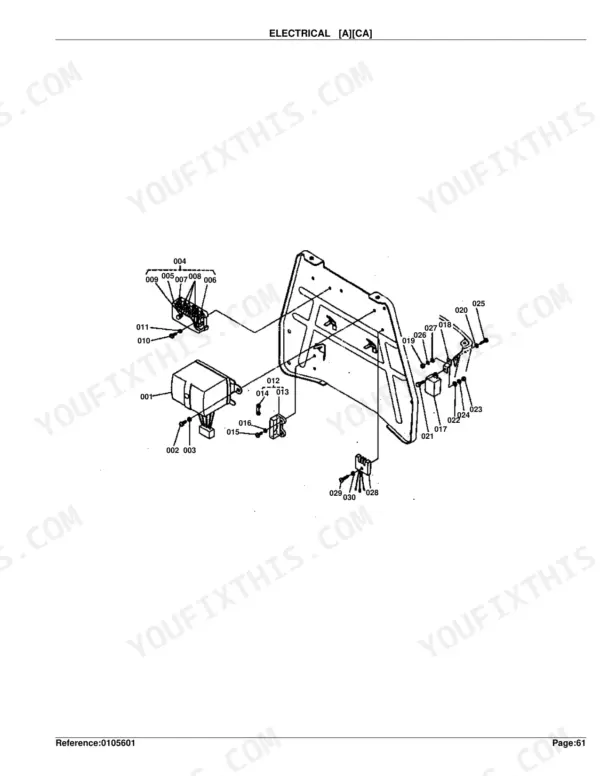 Kubota M4050 electrical system exploded view showing fuse box, relay, and mounting bracket components.