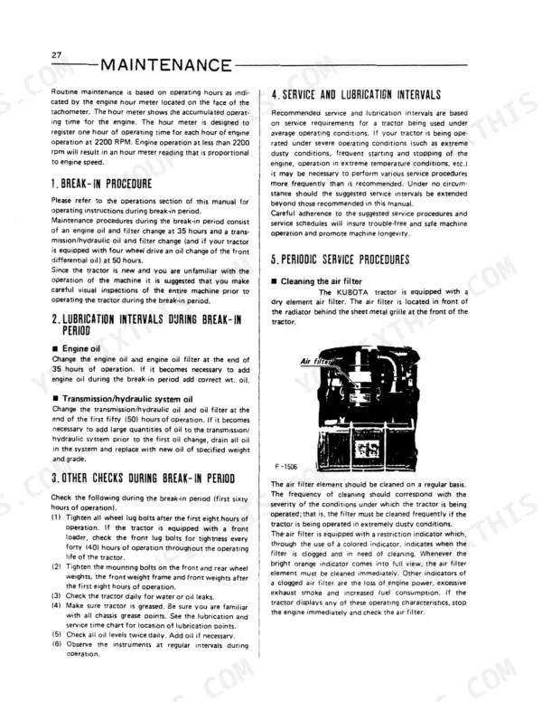 Kubota M4500, M4500DT, M5500, M5500DT, M7500, M7500DT maintenance page covering break-in procedures and air filter cleaning.