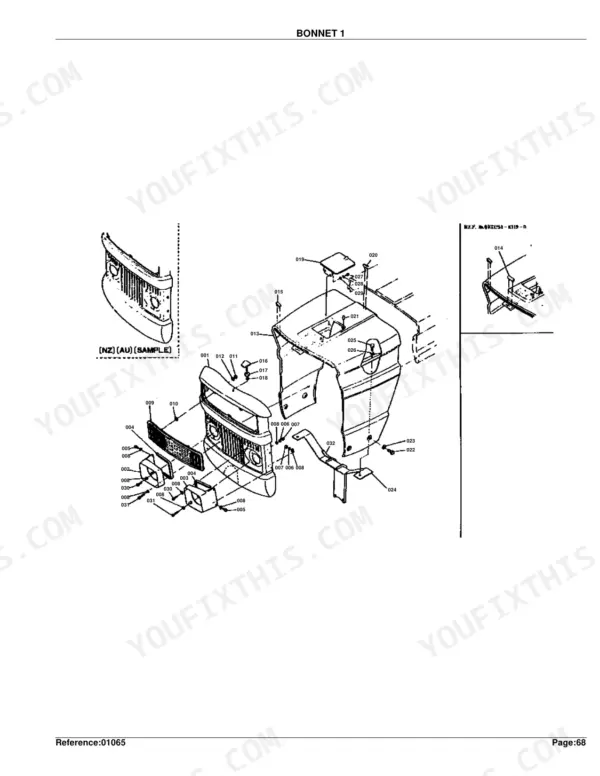 Kubota M4500DT exploded view diagram of the bonnet, front grille, and headlight assembly components.