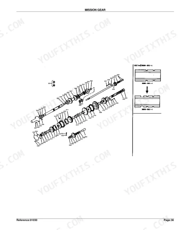 Kubota M4500DT mission gear exploded view showing transmission shafts, gears, and internal components.