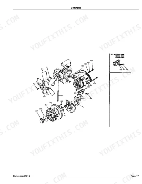 Kubota M4500DT dynamo exploded view showing alternator, cooling fan, and pulley assembly components.