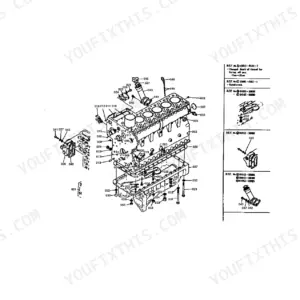 Kubota M4500DT exploded view diagram of the engine crankcase assembly with numbered component parts list.