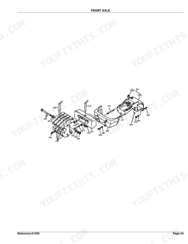 Kubota M4500DT exploded view diagram of front axle components and housing assembly with numbered parts list.