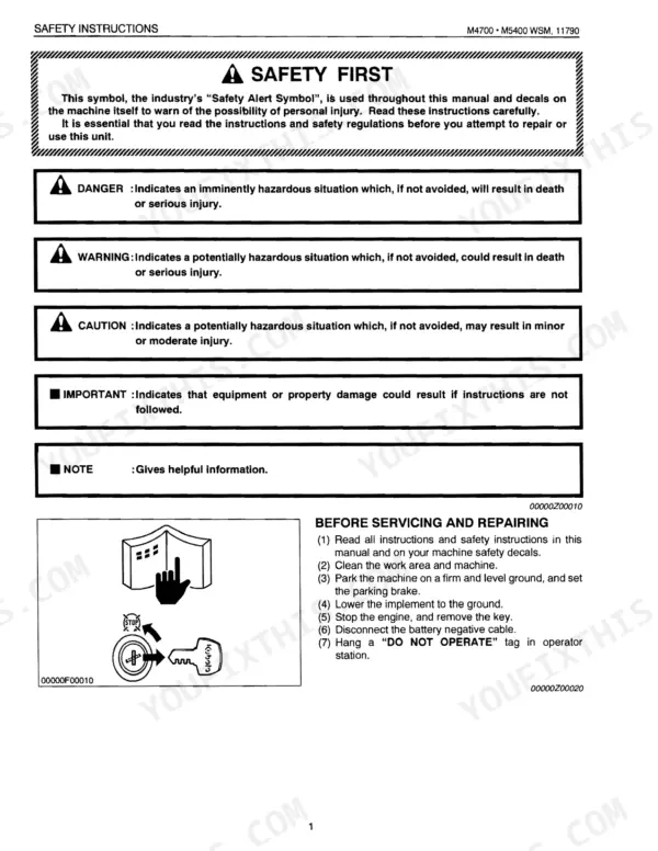 Kubota M4700, M5400, M5400DT-N safety instructions, hazard definitions, and before servicing and repairing procedures.