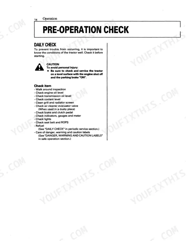 Kubota M4700, M5400 operator manual page detailing daily pre-operation check items and safety precautions.