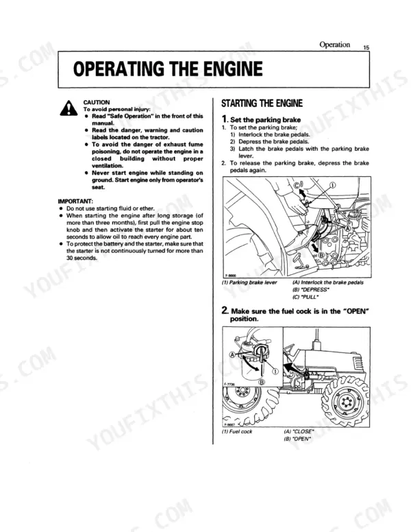 Kubota M4700, M5400 engine starting procedure, parking brake and fuel cock operation diagrams.