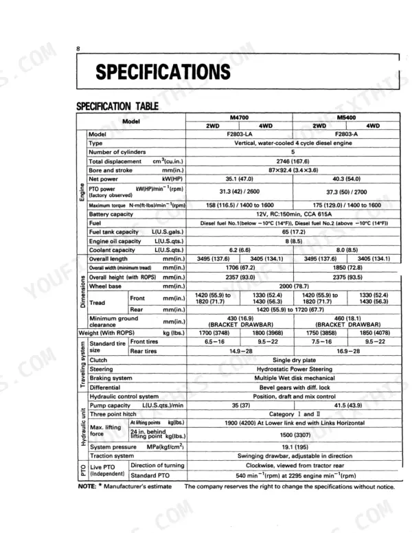 Kubota M4700, M5400 tractor specification table including engine, dimensions, traveling system, and hydraulic data.