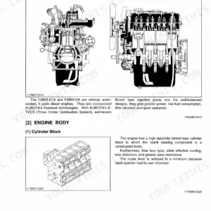 Kubota M4900, M5700, M5700HD engine cross-section diagrams and cylinder block illustration for F2803 diesel engines.