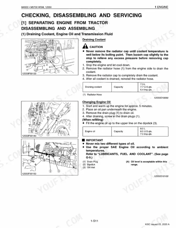 Kubota M4900, M5700, M5700HD service manual: procedures for draining engine coolant, engine oil, and fluid capacities.