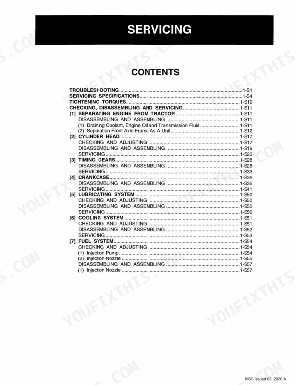 Kubota M4900, M5700, M5700HD service manual table of contents for engine servicing, cylinder head, and fuel systems.