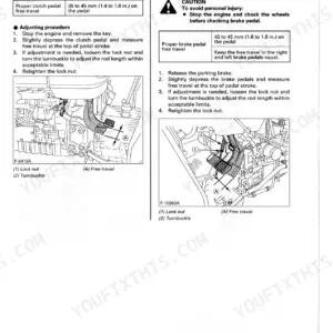Kubota M4900, M5700, M6800S, M8200, M9000 maintenance manual page showing clutch and brake pedal adjustment procedures.