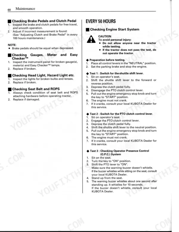 Kubota M4900, M5700, M6800S, M8200, M9000 50-hour maintenance procedures for brake, clutch, gauges, lights, and engine start system.