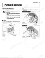 kubota-m4900-to-m9000-tractor-operator-manual-procedures-6.webp Kubota M4900, M5700, M6800S, M8200, M9000 maintenance manual page showing procedures to open and close the tractor hood.