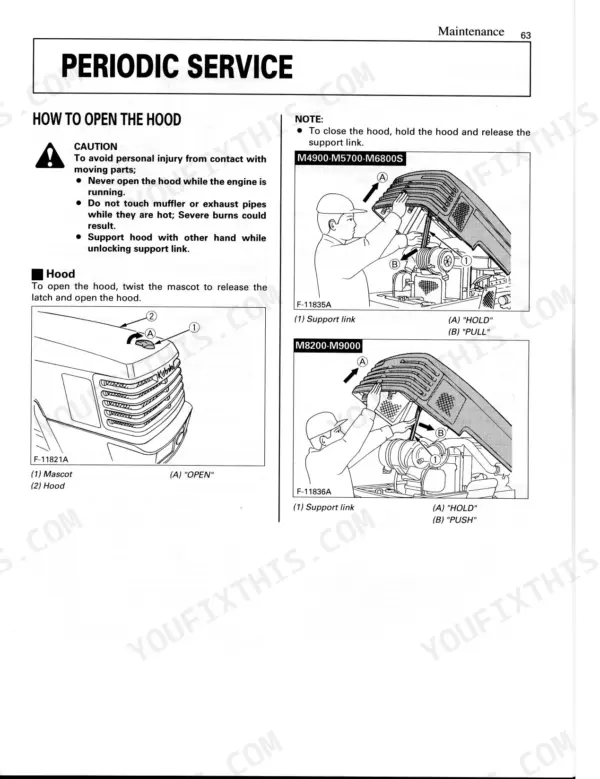 Kubota M4900, M5700, M6800S, M8200, M9000 maintenance manual page showing procedures to open and close the tractor hood.