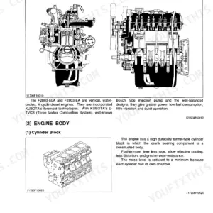 Kubota M4900, M5700, M4900SU, M5700HD, M6800HD, M5700DT-N, M5700 Hydraulic Shuttle engine cross-section and cylinder block diagram