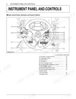 Kubota M5-091, M5-111 instrument panel and controls diagram showing steering wheel, pedals, and switches with index.