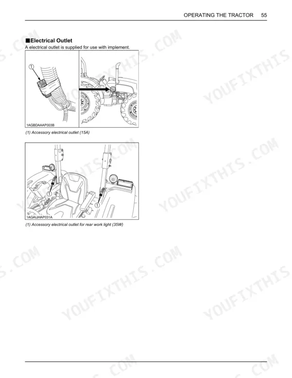 Kubota M5-091, M5-111 diagrams showing locations of 15A implement and 35W rear work light accessory electrical outlets.