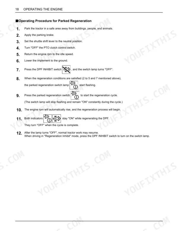 Kubota M5-091, M5-111 operating procedure for parked DPF regeneration including switch and indicator lamp steps.