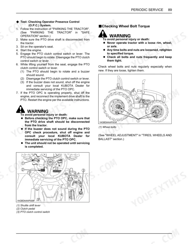 Kubota M5-091, M5-111 procedures for checking PTO operator presence control system and wheel bolt torque.
