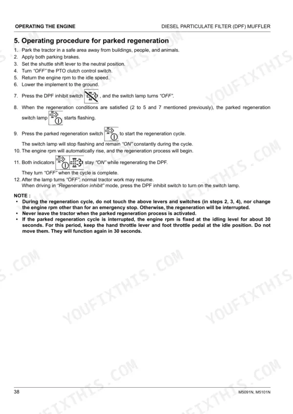 Kubota M5091N, M5101N operating procedure for parked regeneration of the diesel particulate filter (DPF) muffler.