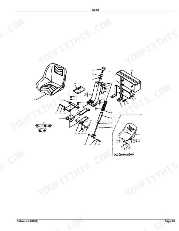 Kubota M5500DT exploded view diagram of the operator seat assembly, including suspension, brackets, and mounting hardware.