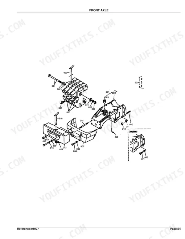 Kubota M5500DT front axle exploded view diagram showing front weight bracket and mounting hardware components.