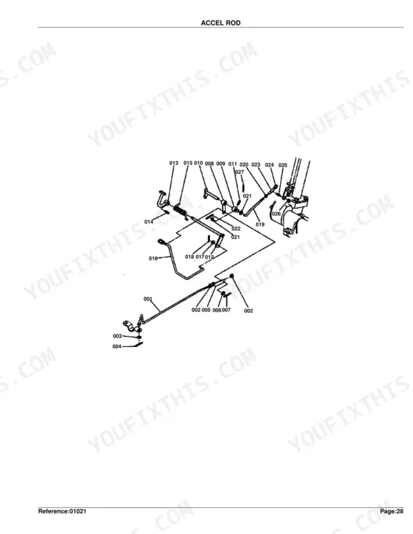 Kubota M5500DT exploded view diagram of the accelerator rod linkage assembly with numbered components.