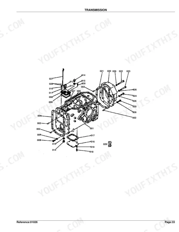Kubota M5500DT transmission case exploded view diagram showing housing, cover, and mounting hardware components.