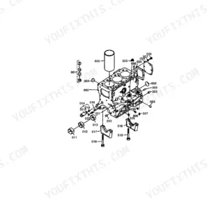 Kubota M5500DT exploded view diagram of the engine crankcase assembly showing cylinder block, bearings, and bolts.