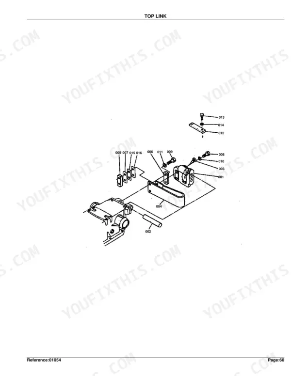 Kubota M5500DT exploded view diagram of the top link assembly components with numbered parts list reference.