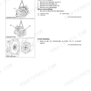 Kubota M5640SU, M5640DT-SU engine disassembly procedure for hydraulic pump, alternator, starter, and clutch assembly.