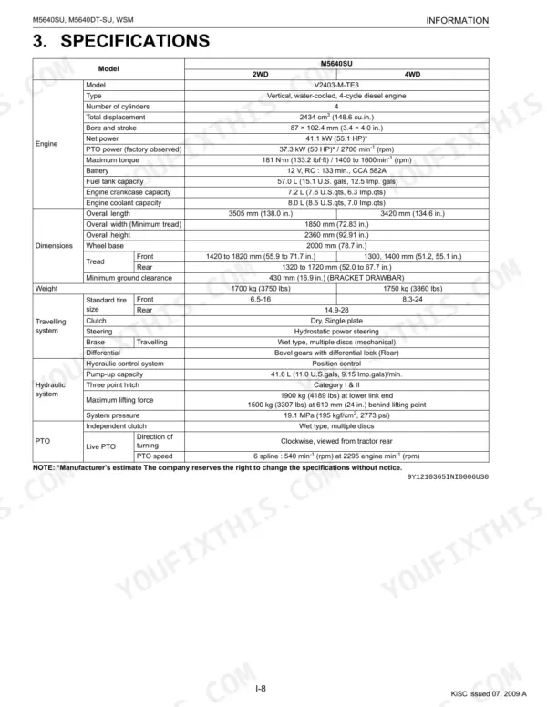 Kubota M5640SU, M5640DT-SU technical specifications table including engine, dimensions, weight, and hydraulic system data.