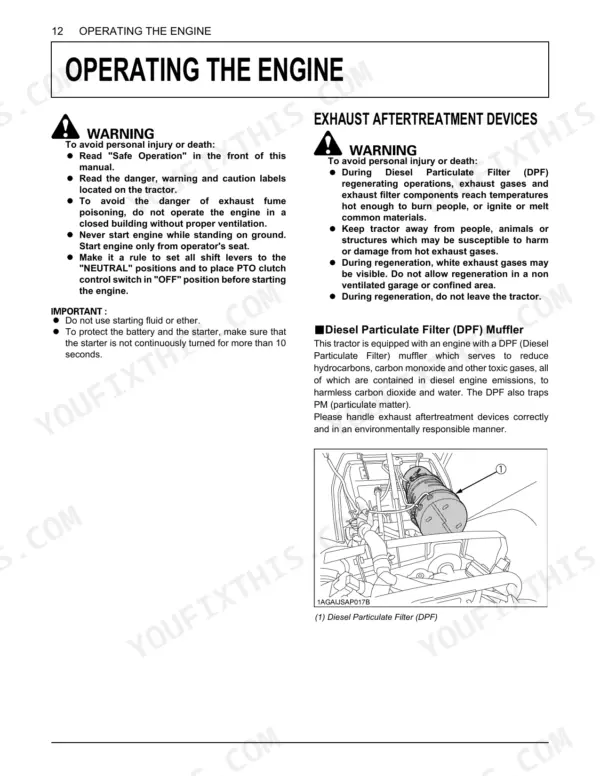 Kubota M5660SUH, M5660SUHD engine operating procedures, DPF muffler safety warnings, and component diagram.