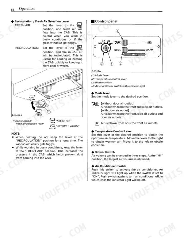Kubota M5700, M6800, M8200, M9000 operator manual page showing cab air conditioning and heater control panel operations.